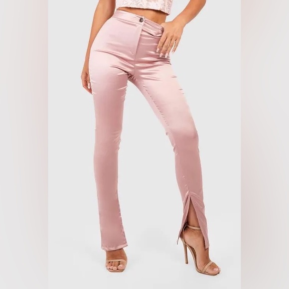 Boohoo Pants Jumpsuits Nwt Boohoo Nude Stretch Satin Split Hem